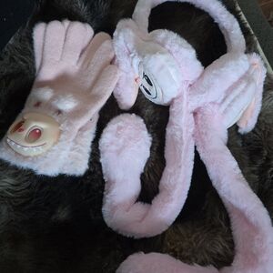 NWT Labubu Pink Furry Gloves and Earmuffs